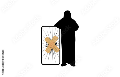 An adult male security guard leaning on a broken smartphone covered with an adhesive bandage vector