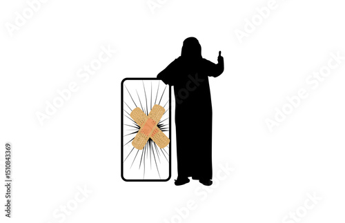 An adult male security guard leaning on a broken smartphone covered with an adhesive bandage vector