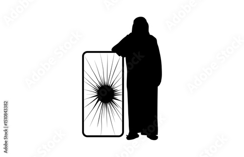 Vector illustration of an adult man leaning on a large smartphone with a cracked screen.