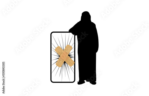 An adult male security guard leaning on a broken smartphone covered with an adhesive bandage vector