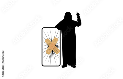 An adult male security guard leaning on a broken smartphone covered with an adhesive bandage vector