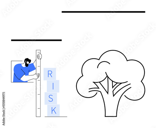 Person measuring stacked blocks labeled RISK next to a branching tree. Ideal for risk assessment, decision-making, growth strategy, sustainability, finance, planning, simple landing page