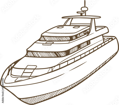 Luxury yacht illustration modern motorboat sketch for marine recreation, sea travel, watercraft transportation