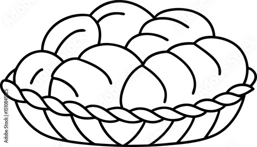 Braided sweet bread loaf in basket, traditional pastry, bakery food, hand drawn black outline illustration
