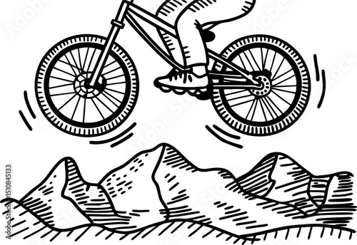 Mountain biker jumping over rocky hills, black and white sketch illustration of adventure sports, rugged landscape