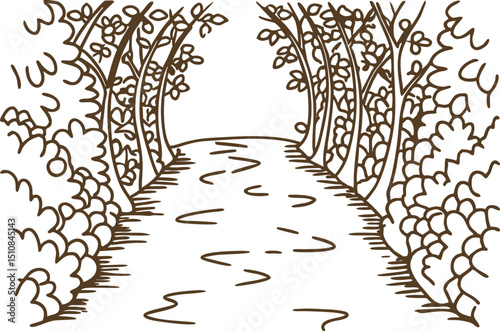 Hand drawn forest pathway lined with trees and bushes simple sketch, nature trail illustration on white background