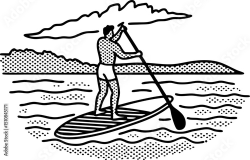 Man paddleboarding alone on water, black and white vintage line illustration, outdoor adventure, nature scene