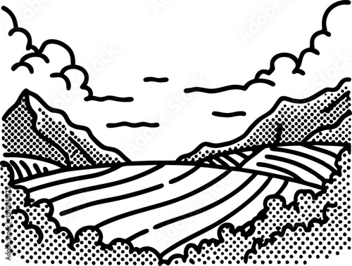 Rolling farmland landscape with mountains and clouds, black and white line art  illustration