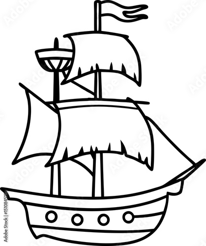 Sailing ship outline illustration with sails black and white vintage pirate vessel, simple nautical drawing