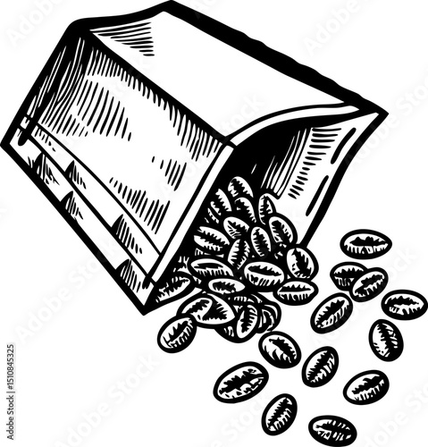 Coffee beans spilling from an open paper bag hand drawn sketch illustration, vintage cafe packaging concept