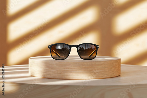 Sunglasses on wooden podium with modern lighting