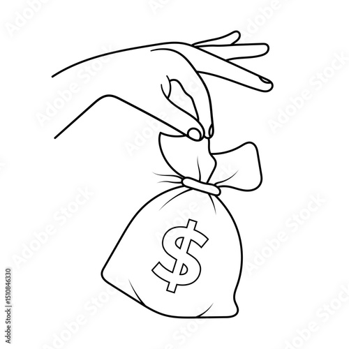 Hand Holding Money Bag with Dollar Sign Vector Illustration. Black and white illustration of a hand delicately holding a tied money bag with a prominent dollar sign on the front.