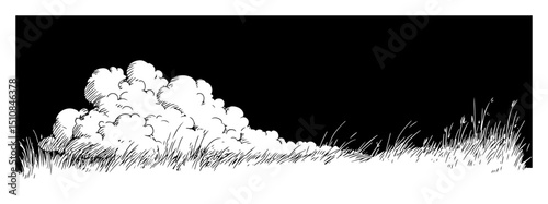 clouds over grass field hand drawn landscape illustration