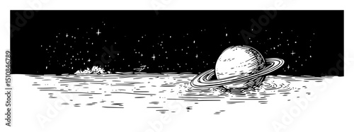 planet with rings over water hand drawn cosmic scene