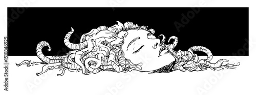 medusa head with snake hair hand drawn mythological illustration