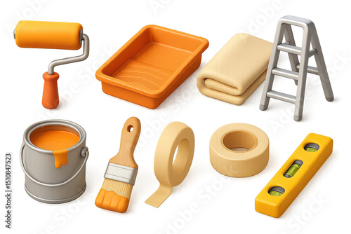 Wall Painting Tools. 3D icon set of painting a wall together: paint roller, paint tray, drop cloth, ladder, paint can, brush,