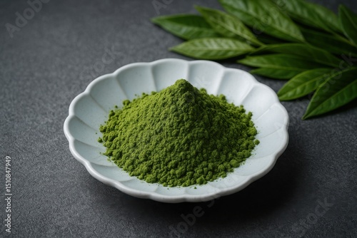 白い皿に盛られた抹茶パウダーと葉のクローズアップ