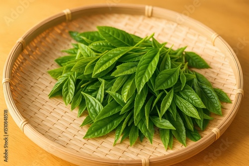 竹かごに盛られた新鮮な緑茶の葉