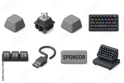 Keyboard Icon Set. 3D icon set of keyboard sponsor demos: mechanical key, switch cross-section, keycap, RGB backlight, function