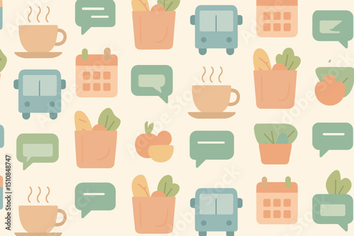 Colorful illustration of food, coffee, and transportation icons on a light background depicting daily activities and errands