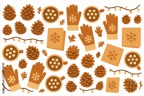 Autumn decorations featuring cozy mittens, pine cones, and warm drinks on a white background