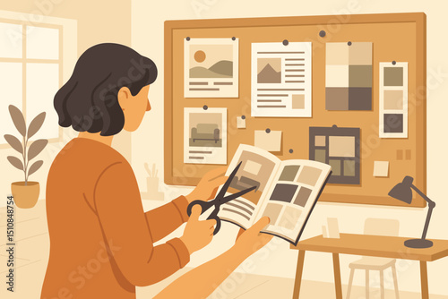 Creative individual working on a vision board project in a bright, cozy workspace with inspiring images and materials