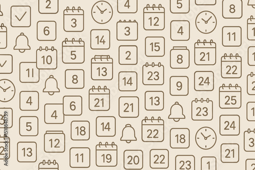 Calendar design featuring multiple date boxes, clocks, and reminders in a repetitive pattern suitable for planners