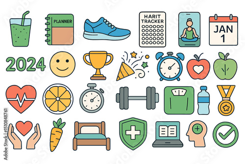 Collection of health and fitness icons representing goals and activities for the new year 2024