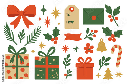 Colorful holiday decorations and gift elements for festive celebrations