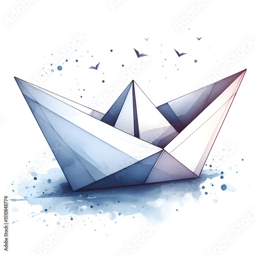 paper boat isolated on white. Paper boat in watercolor style. Origami made of paper. Illustration of a paper boat on the water