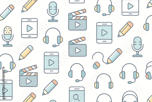 Creative design featuring various multimedia icons in pastel colors arranged on a light background