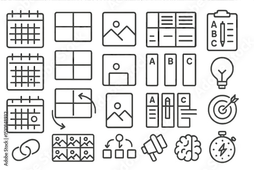 Various line icons representing planning, organization, and creativity in a modern workspace setting