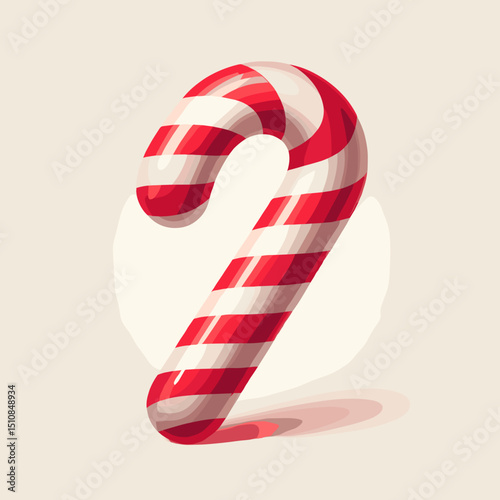 Red and white striped candy cane with glossy surface on a light background