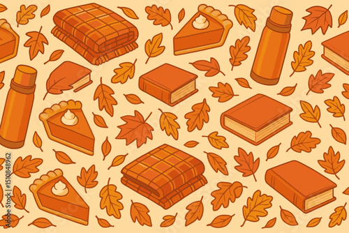 Cozy autumn pattern features blankets, pie, books, and leaves for a seasonal feel
