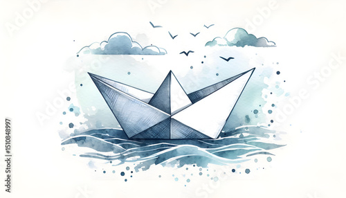 paper boat on the sea. Paper boat in watercolor style. Origami made of paper.