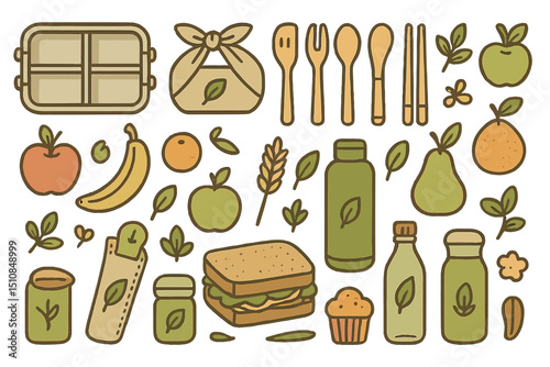 Illustration of healthy lunch items including fruits, a sandwich, and reusable containers arranged artistically on a white background