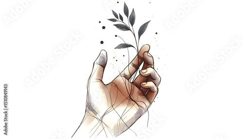 Illustration of a hand with a plant in watercolor style. hand holding a plant