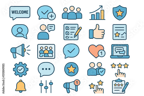 Icons representing various aspects of user engagement and feedback for online platforms in a modern design