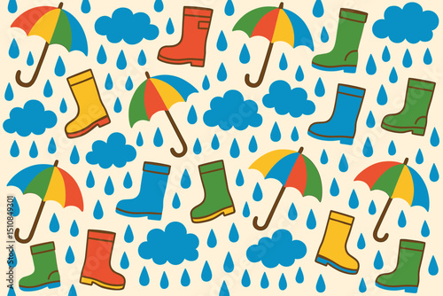 Colorful illustration of rain gear with umbrellas and boots on a cream background
