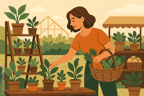 Gardener tending to plants at a market in an outdoor setting during the day with greenhouses in the background