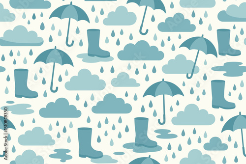 Creative pattern featuring rain boots, umbrellas, and clouds in calming blue tones