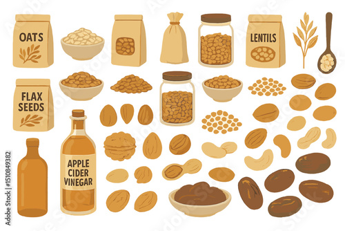 Collection of various healthy food items including oats, lentils, and nuts displayed on a white background
