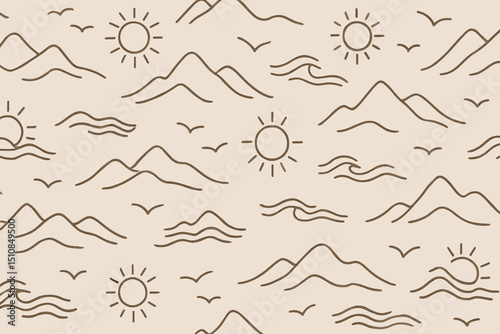 Mountain landscape pattern with sun and waves in minimalist design