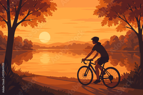 Cyclist enjoys a serene sunset ride by the lake surrounded by autumn foliage