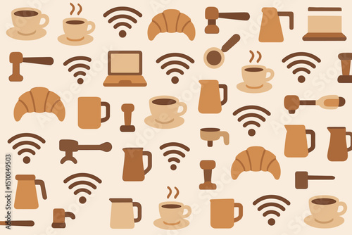 Coffee shop pattern featuring various brewing tools and coffee elements in a cozy design