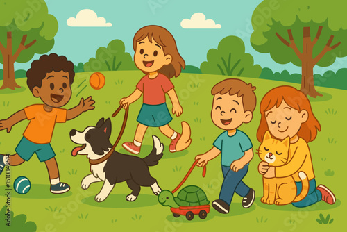 Children play in a park with pets under a clear sky during a sunny afternoon