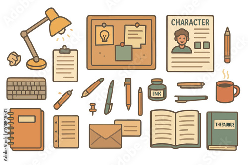 Writing desk arrangement with various stationery items and character sketches displayed in an organized workspace