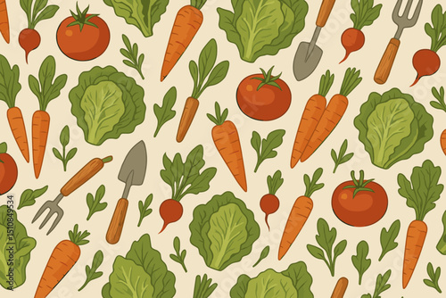 Colorful vegetable pattern featuring carrots, tomatoes, lettuce, and gardening tools on a light background