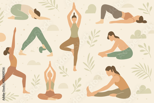 Yoga poses in a calming design featuring diverse women practicing mindfulness and fitness outdoors