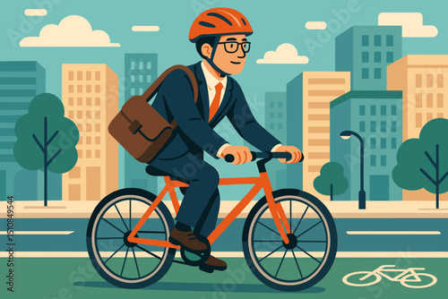 Business professional rides bicycle through city while commuting to work on a sunny day